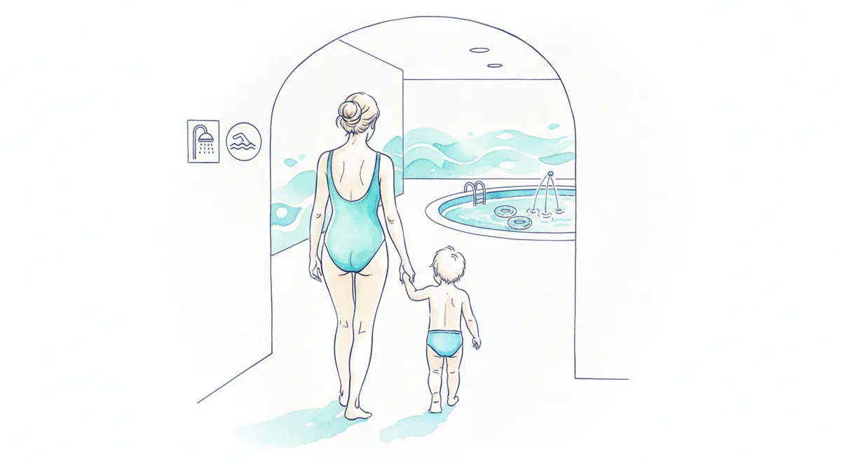 Родитель с малышом идут из душевой к детскому бассейну